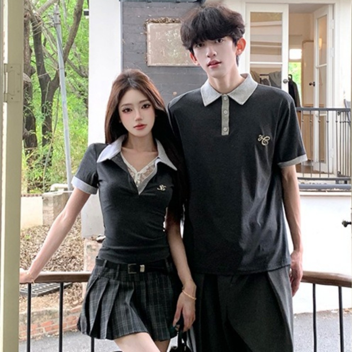 カップルペアルック クラシックグレー バイカラーポロトップス